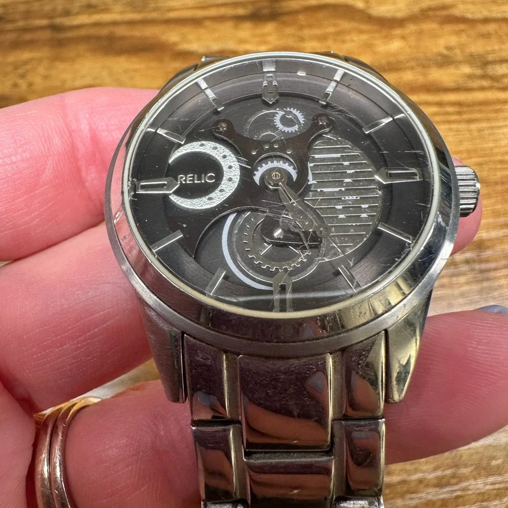 Relic by Fossil Mens Watch ZR77121 Stainless Steel Skeleton Dial Silver Black